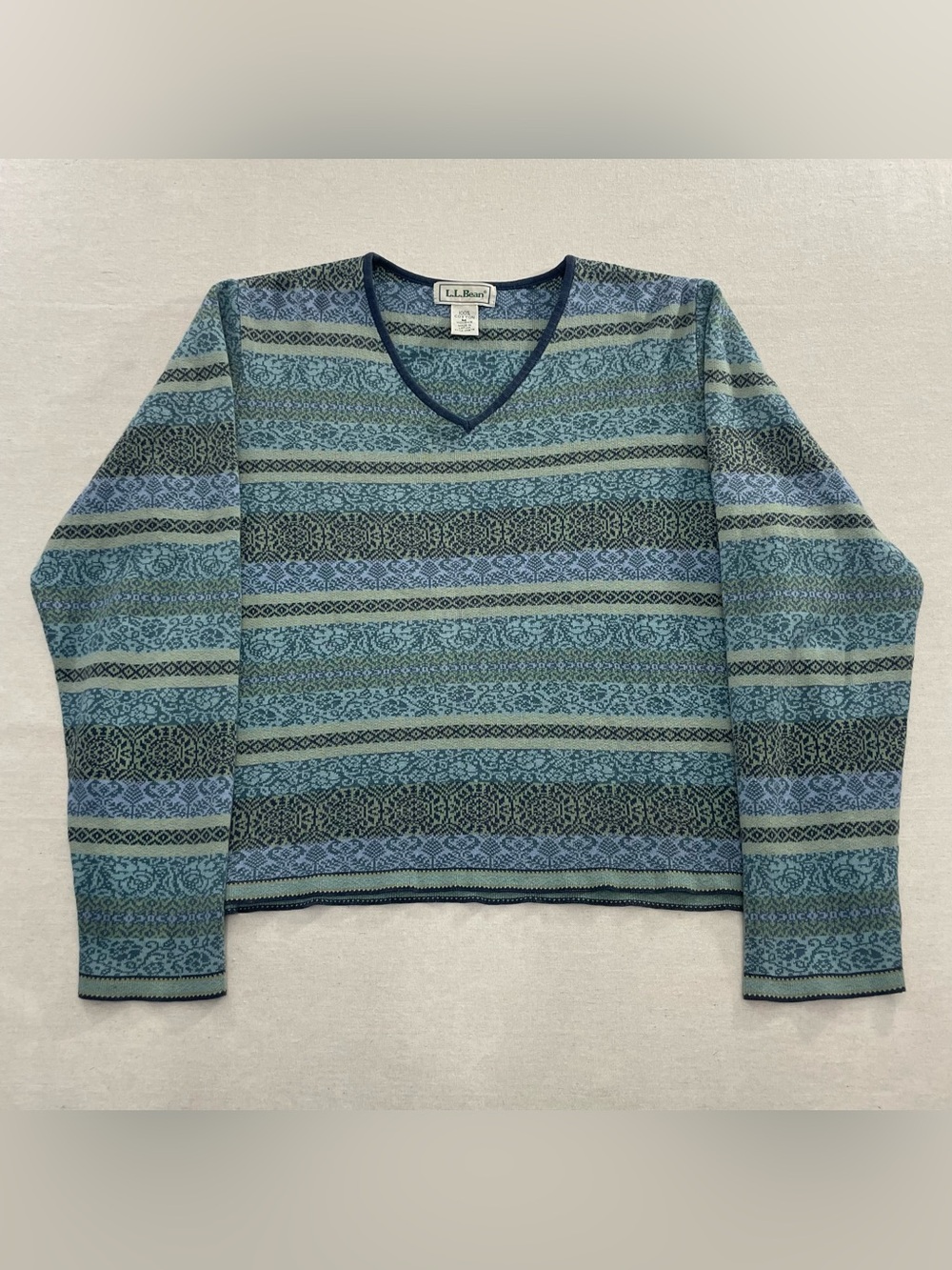 VTG LL BEAN 100% Cotton Fair Isle V-Neck Sweater Women's M Blue Boxy L/S ORB75